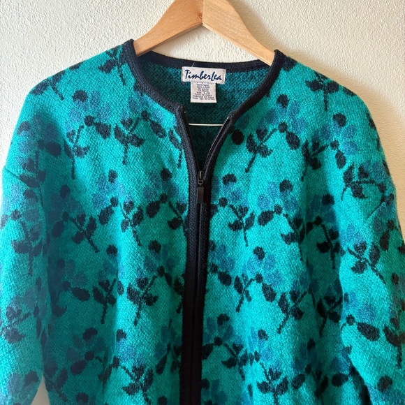 Vintage Timberlea 100% Wool‎ Zip Front Green & Black Floral Cardigan Sweatee - Picture 5 of 11